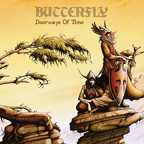 "Album cover art: fantasy illustration of a knight and another figure on rocky outcrops."