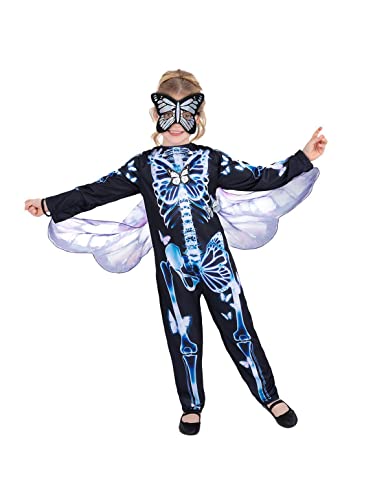 Child in a black and blue skeleton butterfly costume with wings.