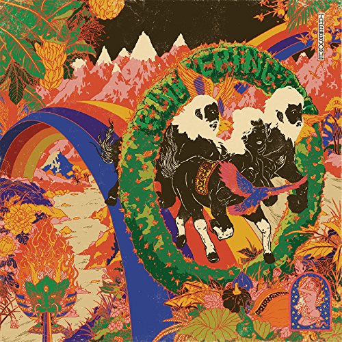 CD cover with horses inside a wreath, rainbow, and floral background.