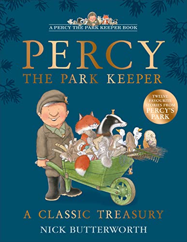 Book cover featuring Percy the Park Keeper with animal friends in a wheelbarrow.
