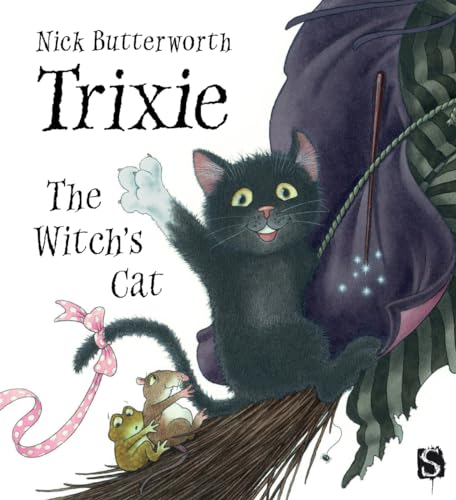 Black cat with raised paw, a mouse, and a witch’s hat.