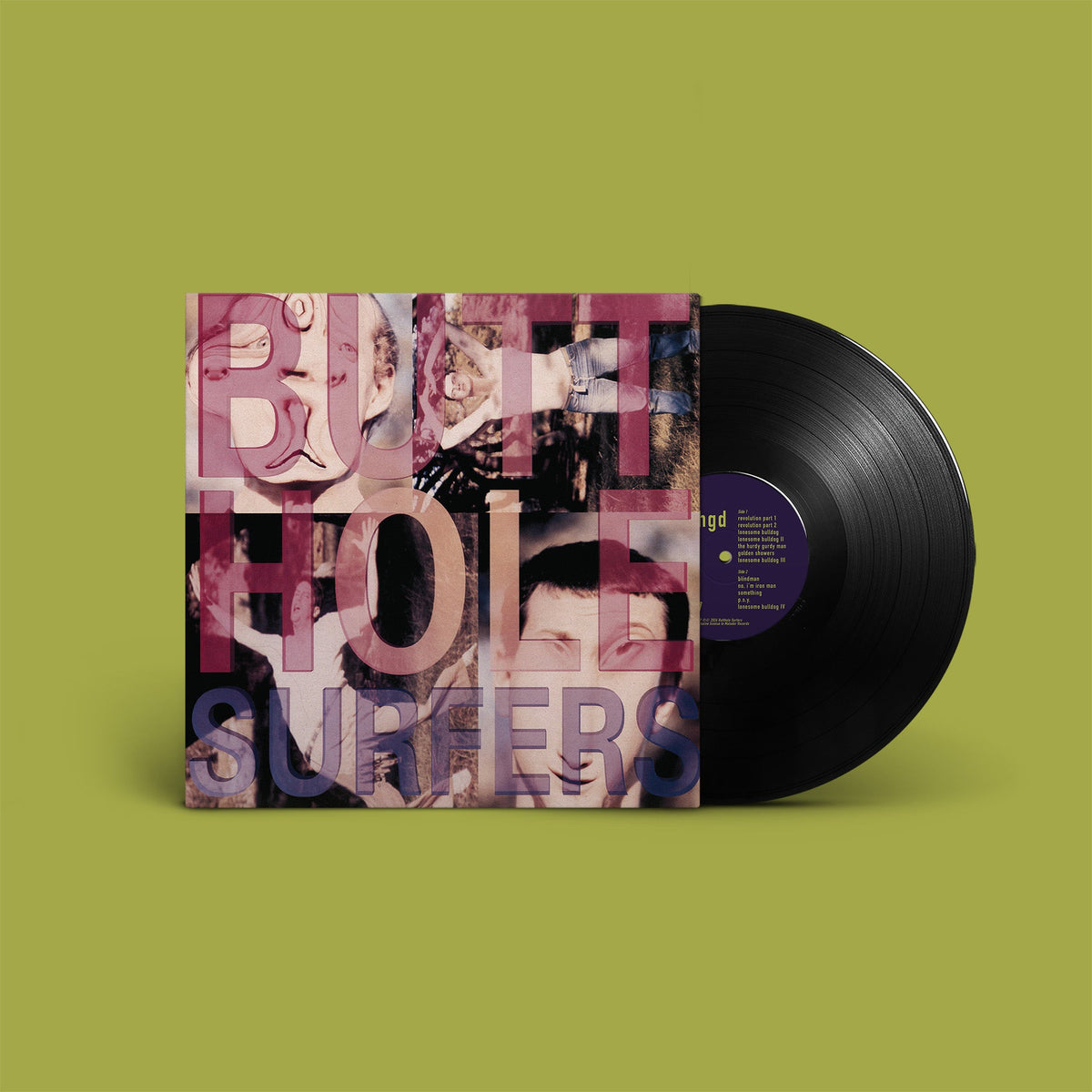 Butthole Surfers vinyl record with collage cover art and black disc.