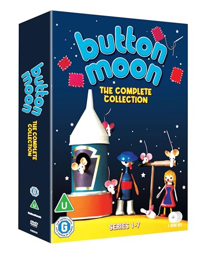 DVD cover for "Button Moon" featuring a rocket, dolls, and mice.