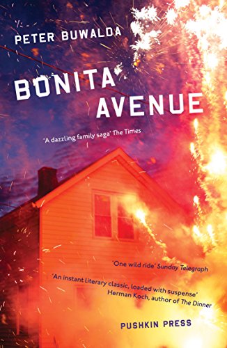 Book cover: "Bonita Avenue" with a house silhouette and fiery background.