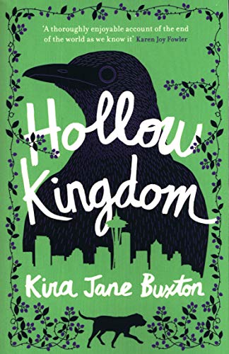 Book cover featuring a large crow silhouette, Seattle skyline, and dog on green background.