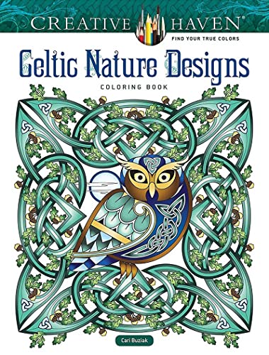 Celtic nature coloring book cover with an owl and intricate knotwork.