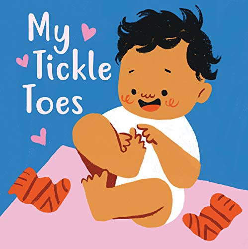 Illustration of a baby with dark curly hair holding their feet.