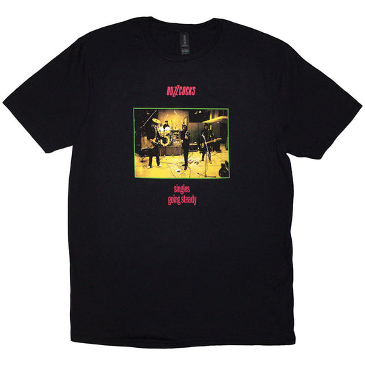 Black t-shirt featuring Buzzcocks’ “Going Steady” album cover artwork, size XX-Large.