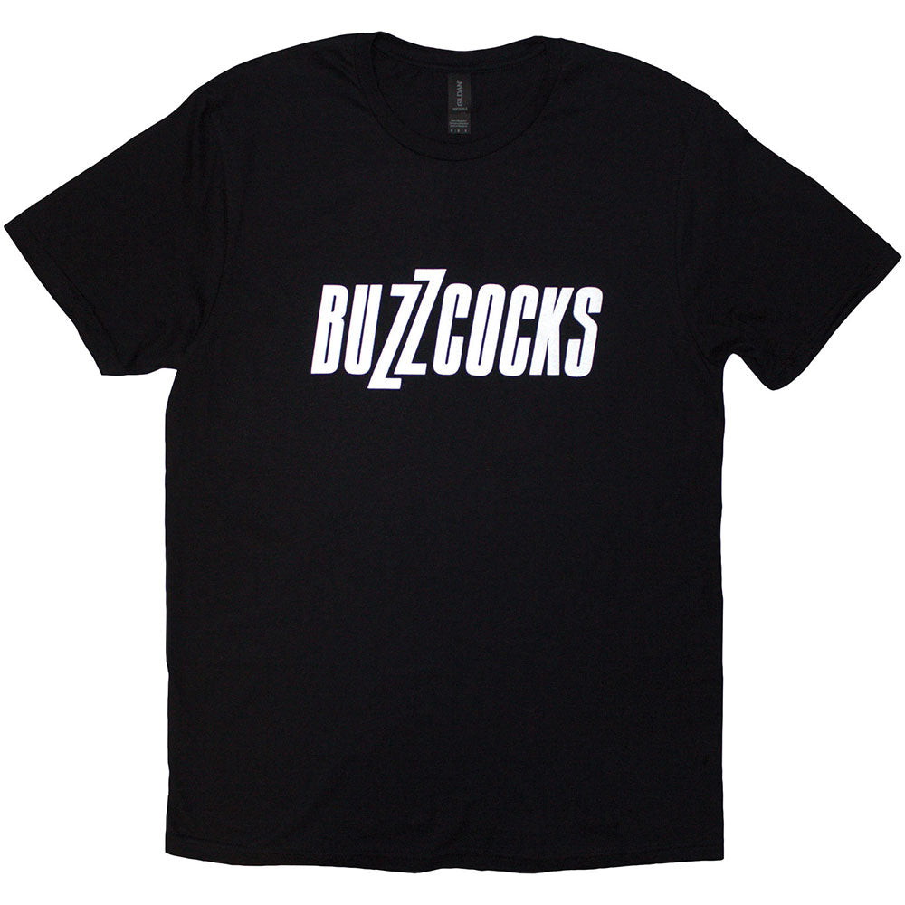 Black unisex T-shirt featuring the white Buzzcocks logo centered on the chest.