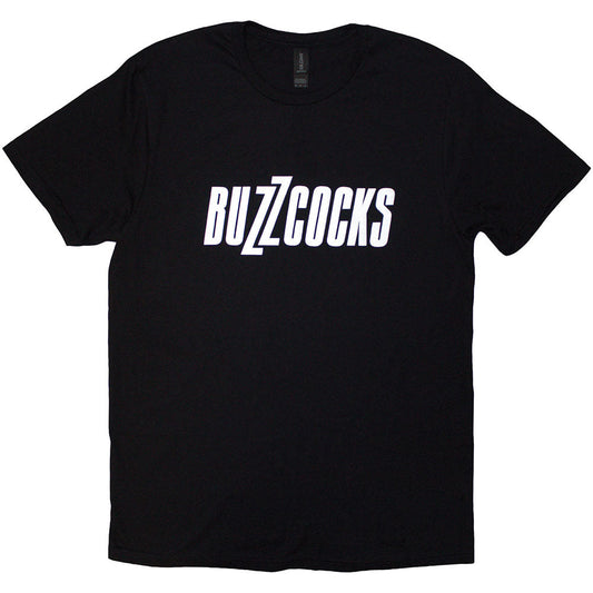 Black unisex T-shirt featuring the white Buzzcocks logo centered on the chest.