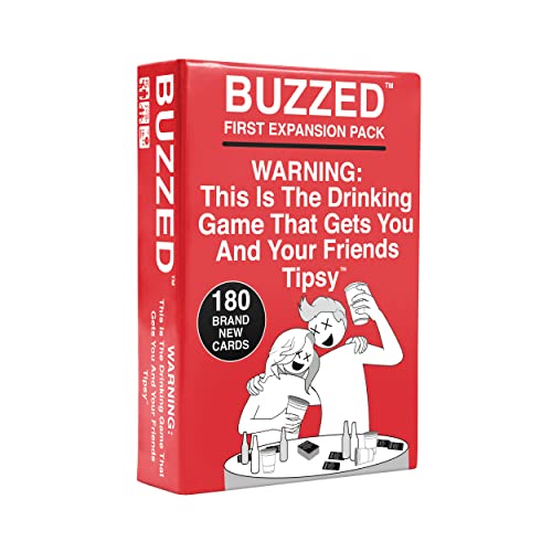 Red card deck for "Buzzed" expansion pack with cartoon figures drinking.