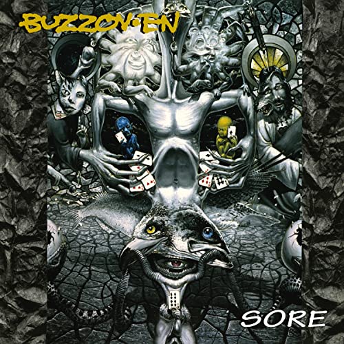 Album cover for Buzzoven’s “Sore” featuring surreal, distorted figures.