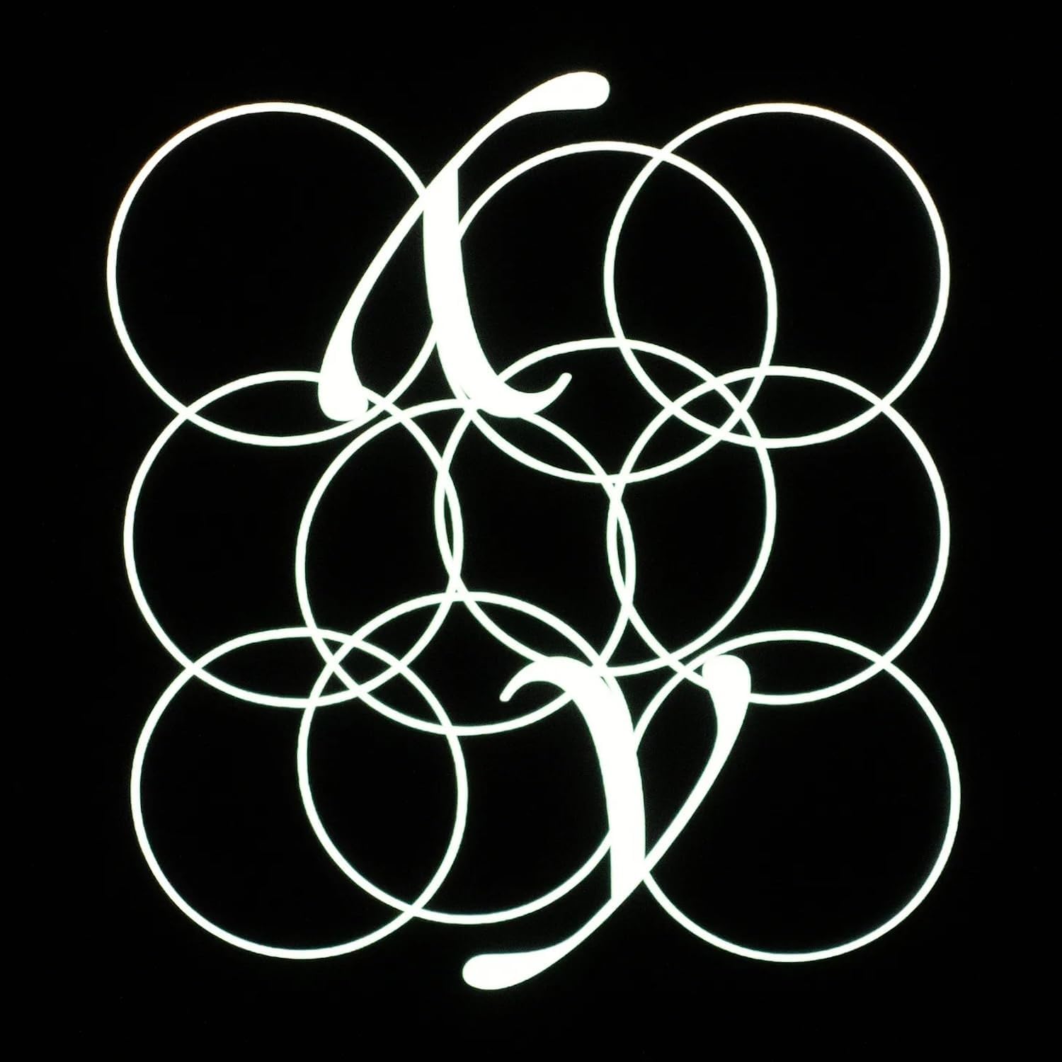 Black background with a white, abstract circular design resembling a letter.