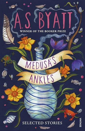 Book cover with a blue vase, flowers, and a banner reading Medusa's Ankles.