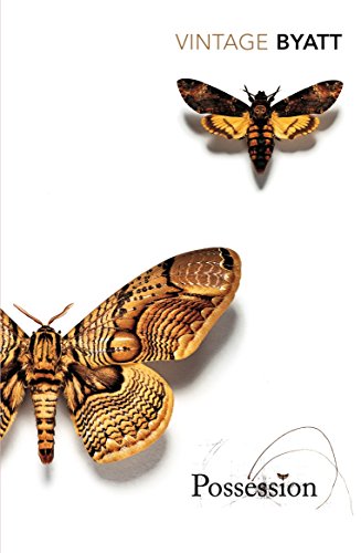 "Book cover of 'Possession' by Vintage Byatt, featuring two large moths on a white background."