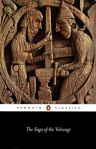 Carved Norse figures on a dark cover for “The Saga of the Volsungs.”