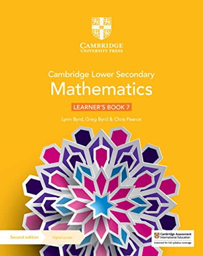 Cambridge Lower Secondary Mathematics Learner's Book 7 textbook cover with a yellow geometric design.