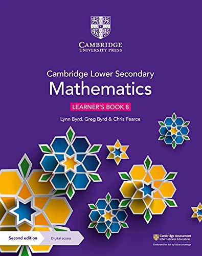 Purple textbook cover with "Cambridge Lower Secondary Mathematics Learner's Book 8".