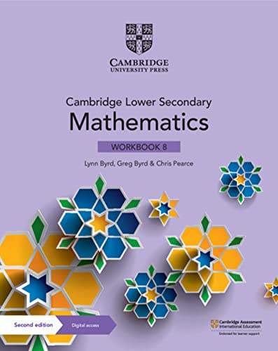 Purple textbook cover with floral design, title "Cambridge Lower Secondary Mathematics Workbook 8".