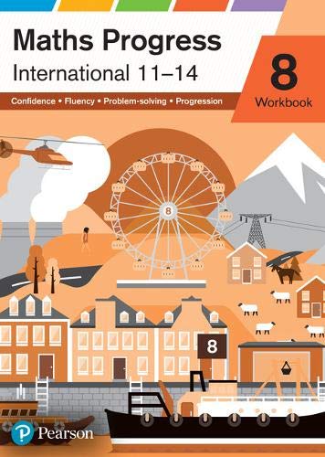 Maths Progress International Year 8 workbook cover with a ferris wheel and landscape illustration.