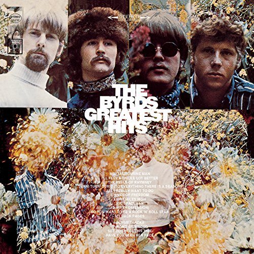 Album cover for The Byrds Greatest Hits featuring four portraits and white flowers.
