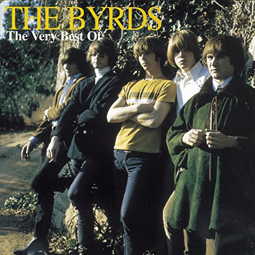 The Byrds, a five-member band, posing outdoors in 1960s attire.
