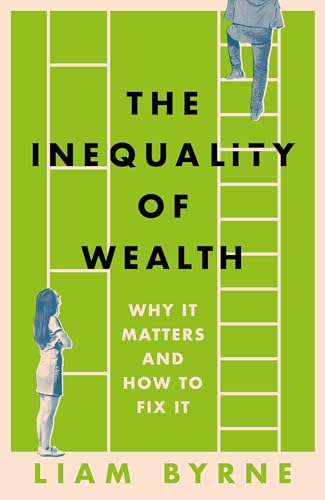 Book cover: green background, ladder, two figures, title “The Inequality of Wealth.”