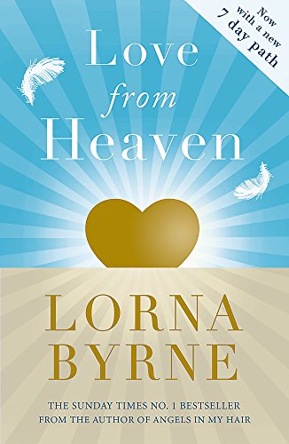 Book cover: "Love From Heaven" by Lorna Byrne, with gold heart and feathers.