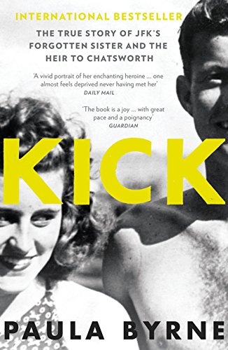 Book cover: black and white photo of a woman and man, bold yellow title “KICK”.