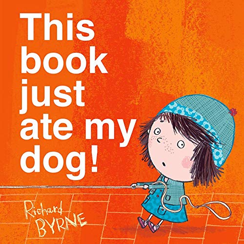 A girl in a blue hat holds a leash on an orange background.
