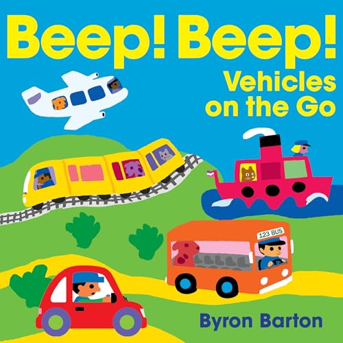 Colorful illustration of a plane, train, boat, and car with animal passengers.
