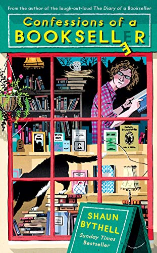 Book cover illustration of a bookstore window with a person, cat, and books.
