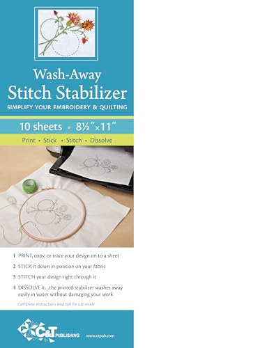 Wash-away stabilizer package with embroidery hoop and printed design example.