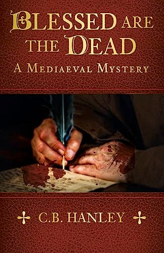 Book cover: hands writing with a quill, bloodstains on parchment.