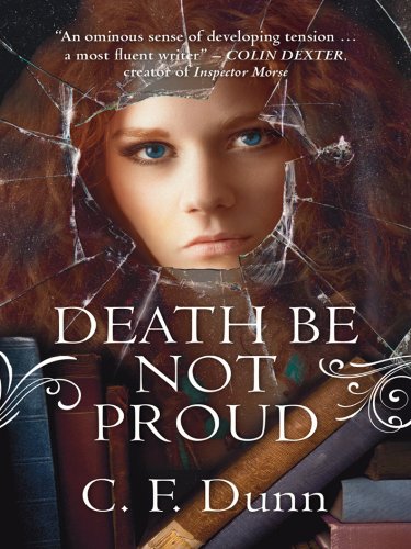 Book cover: young woman’s face behind cracked glass, with stacked books.