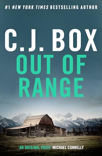 Book cover: “Out of Range” by C.J. Box, with a barn and mountains.