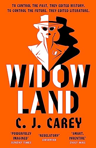 Book cover for "Widowland" with split-face illustration and bold typography.