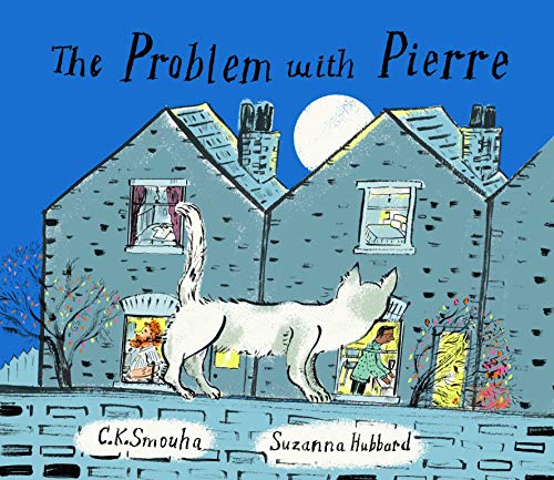 Book cover: houses, a large white cat, and illuminated windows.