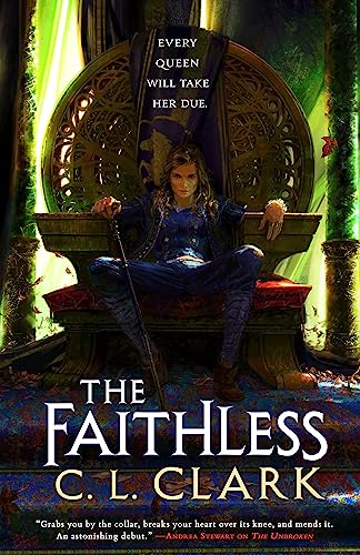 Woman with sword sits on ornate throne, book cover for "The Faithless".