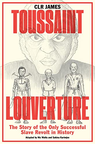 Book cover illustration featuring Toussaint Louverture with three figures standing below him.