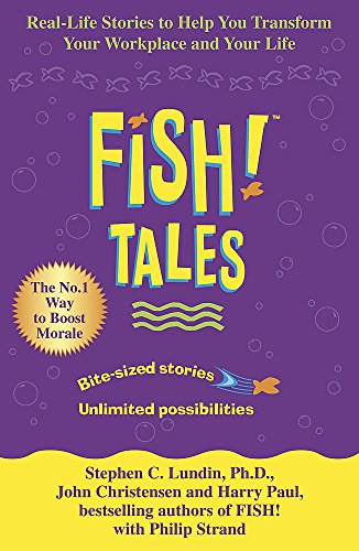 Purple book cover with yellow "FISH! TALES" text and leaping fish graphics.