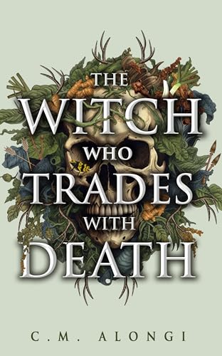 Book cover featuring a human skull surrounded by foliage, antlers, and roots on light background.