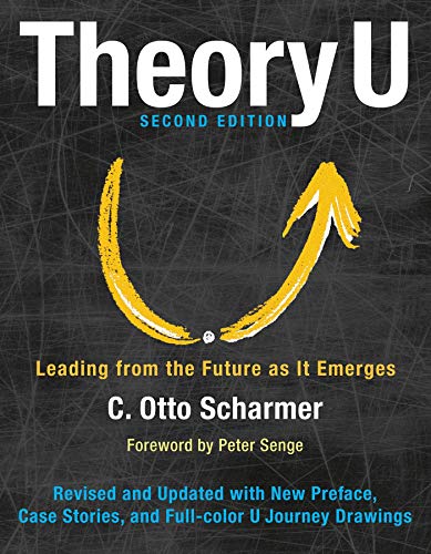 Book cover: "Theory U" second edition, with a yellow U-shaped graphic.