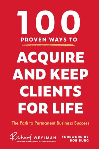 Red book cover with white text: "100 Proven Ways to Acquire and Keep Clients.