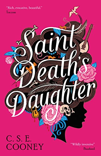 Book cover: ornate lettering, skull, roses, and a woman’s silhouette on pink.