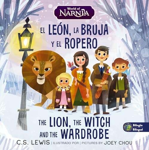 Lion, children, and witch stand in a snowy Narnian landscape.