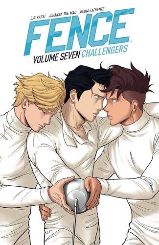 Three fencers in white uniforms stand together holding a single fencing foil.