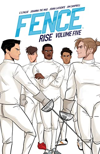 Comic book cover featuring five young fencers in white uniforms.