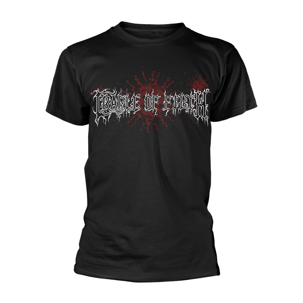 Black t-shirt with ornate white and red gothic-style lettering design.