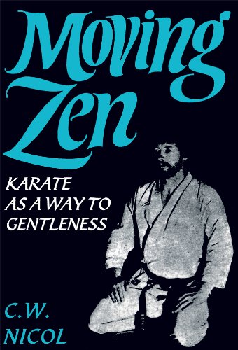 Book cover: "Moving Zen" with a portrait of a man in a karate gi.